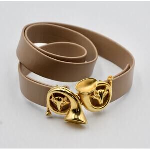 Vintage DOTTY SMITH BUCKLE & Leather Belt Fox Head & French Horn Fox Gold Tone